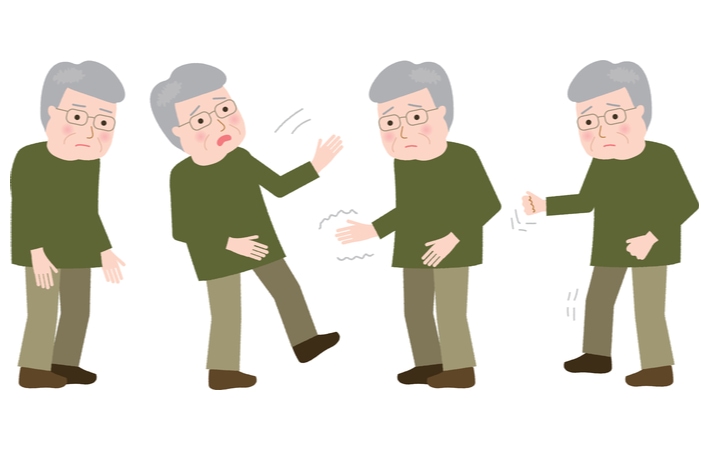 A cartoon of a senior man with Parkinson's disease feeling the physical symptoms making him susceptible to falls and injuries